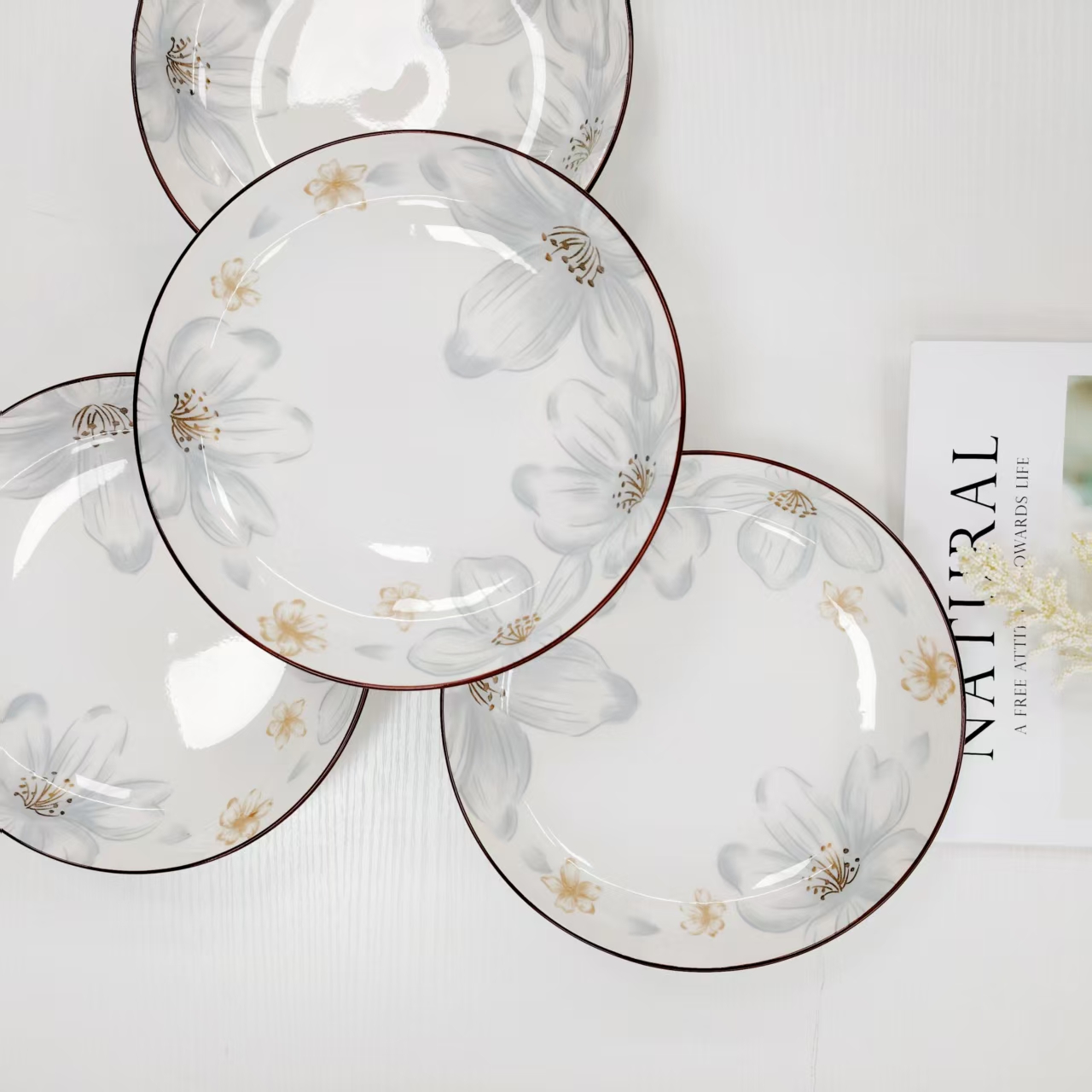 8英寸家用陶瓷茉莉花圆盘菜盘酒店菜盘6个装釉下彩工艺