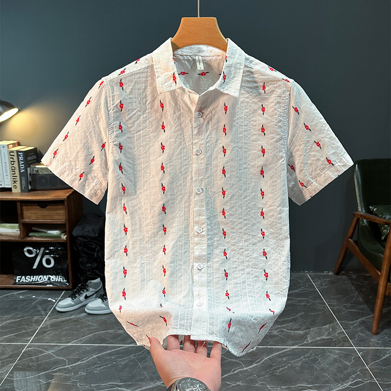 ICCLEK印花清新短袖衬衫男士帅气轻奢时尚百搭文艺休闲宽松衬衣薄