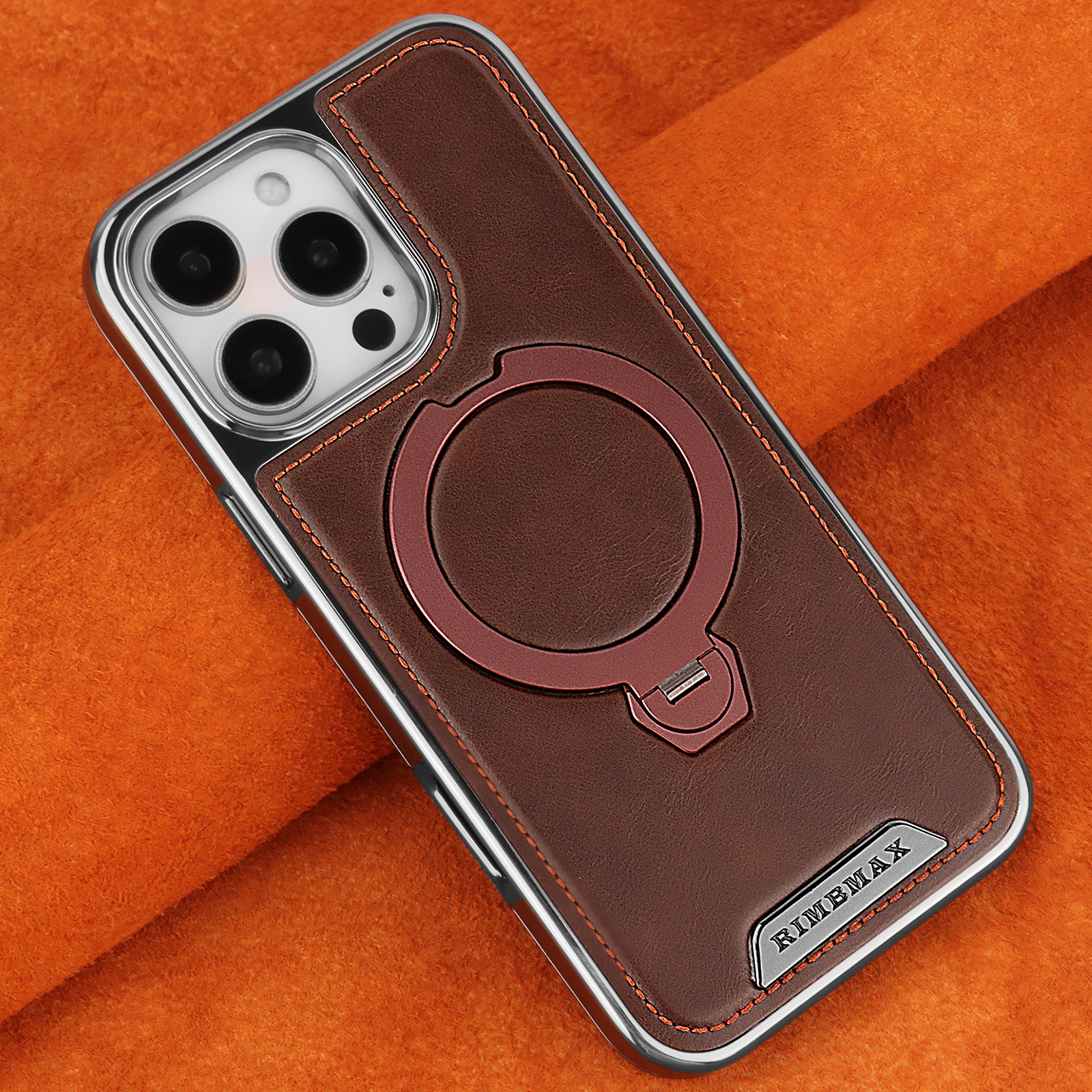 适用于苹果16ProMax旋转磁吸支架手机壳高档皮纹iPhone15全包防摔