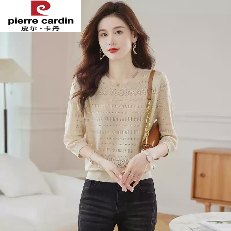 皮尔卡丹早春针织衫女上衣2025夏季镂空七分袖t恤薄款今年流行中