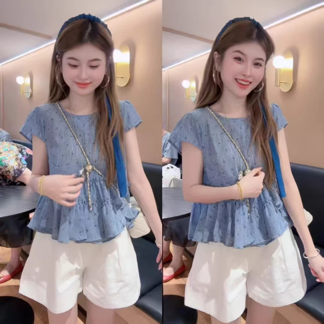 爱心印花压皱花边短袖衬衣女2025夏季气质休闲小衫不规则拼接上衣