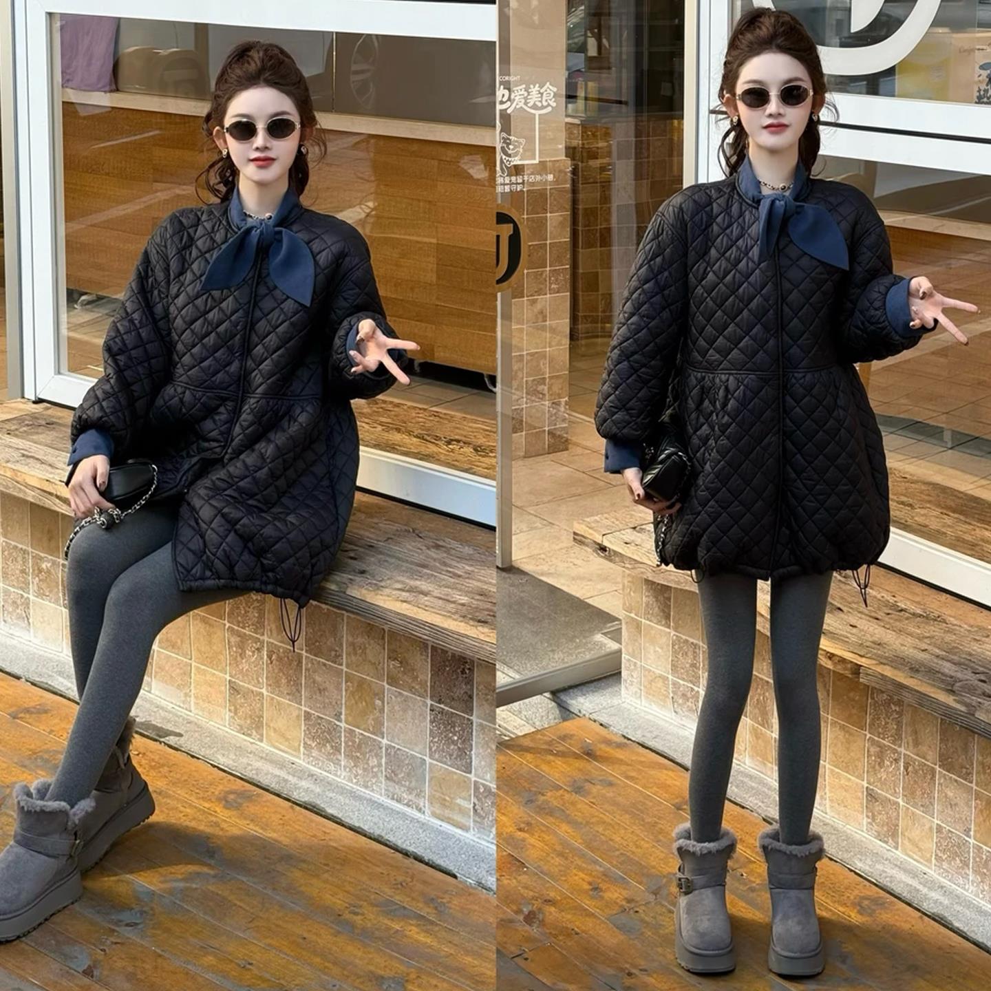 时尚菱格纹棉服女2025冬季新款中长款蝴蝶结领外套高级感显瘦棉衣