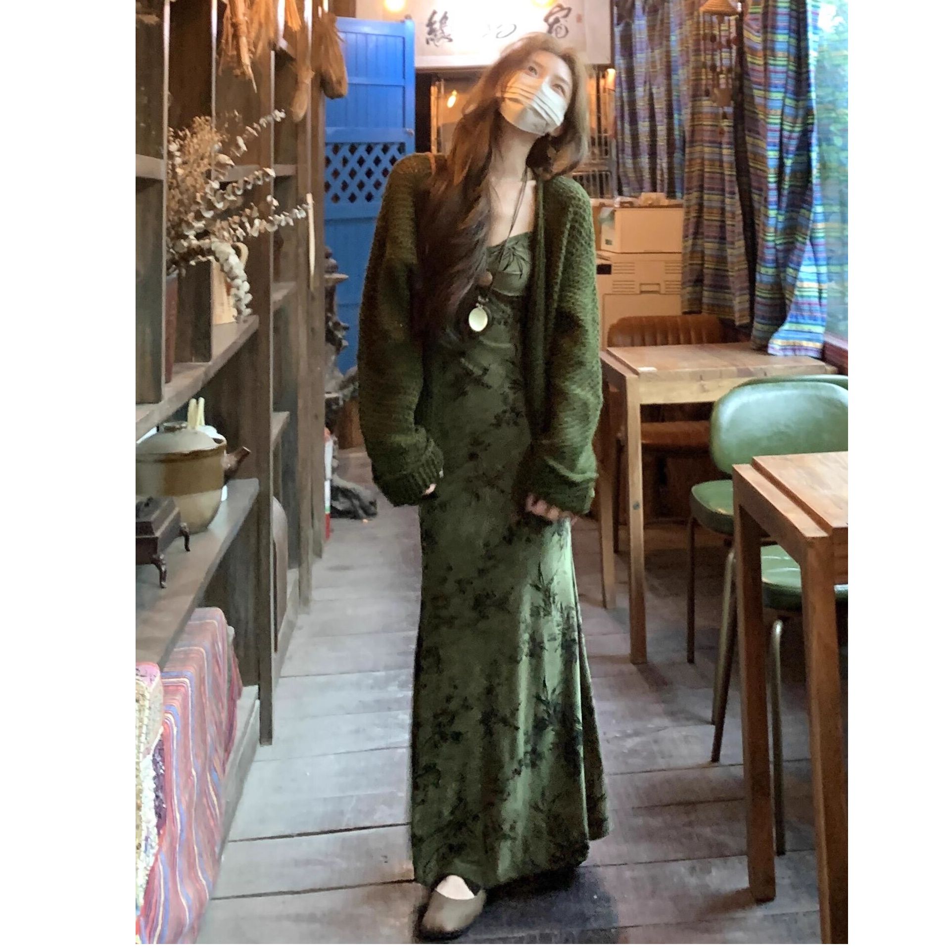 设计感镂空针织开衫长袖毛衣+鱼尾吊带裙女气质连衣裙两件套