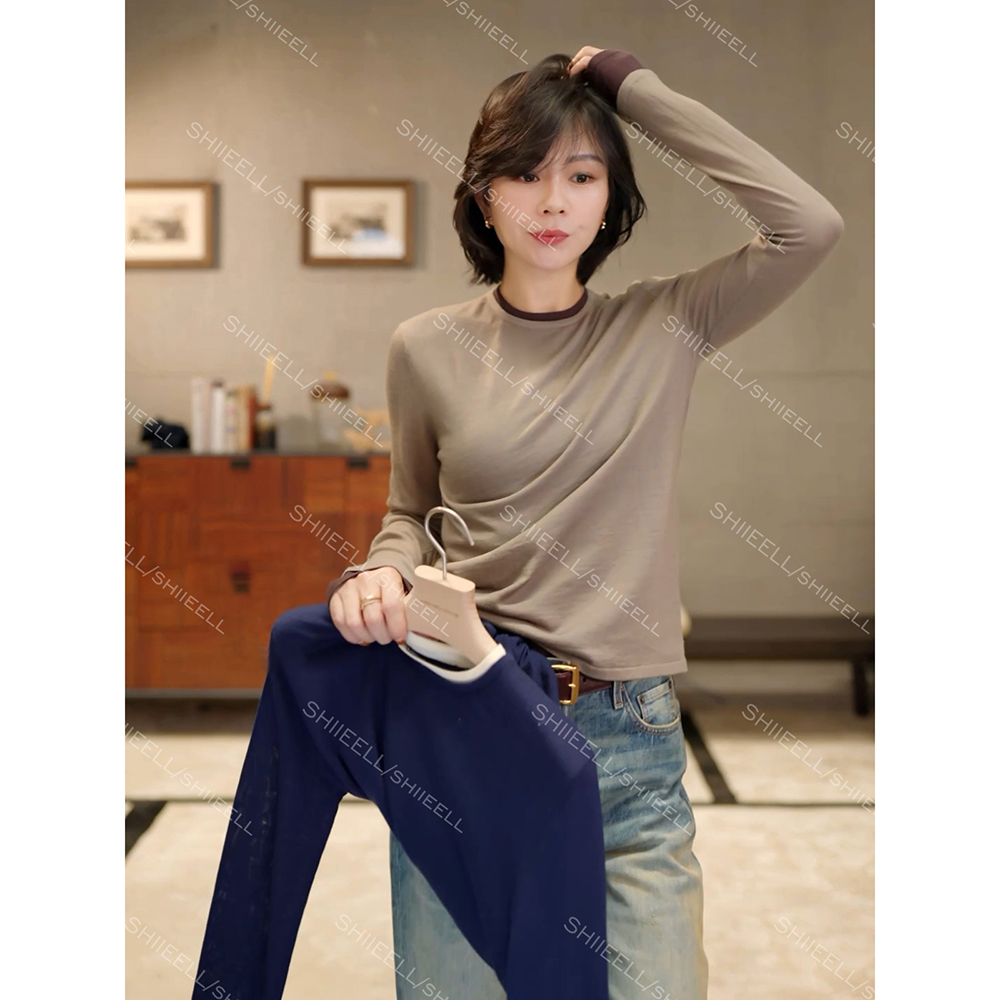 SHIIEELL【双生叠穿】轻装滑超柔可机洗绵羊毛拼色针织打底衫Z5729