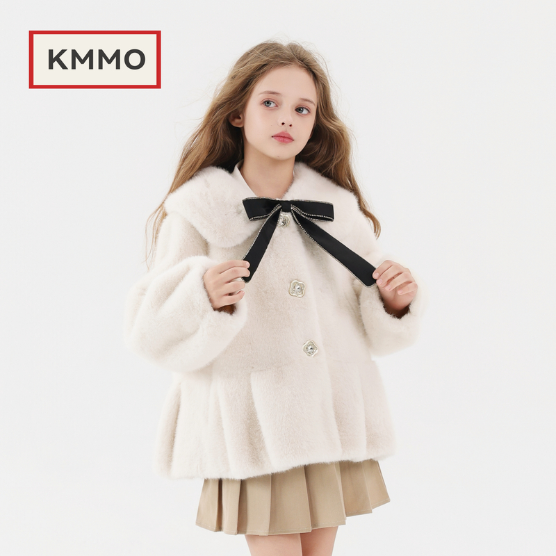 KMMO儿童上衣外套2025秋冬新款女童仿水貂毛大衣加厚毛毛短款童装