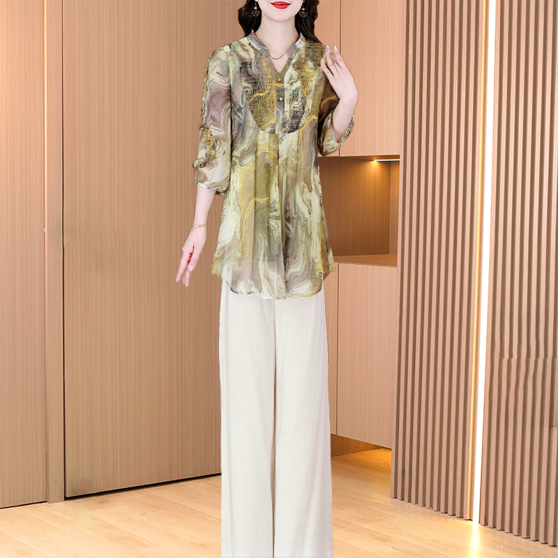 雪纺碎花衬衫上衣阔腿裤套装女夏季遮肚子老钱风穿搭妈妈洋气减龄
