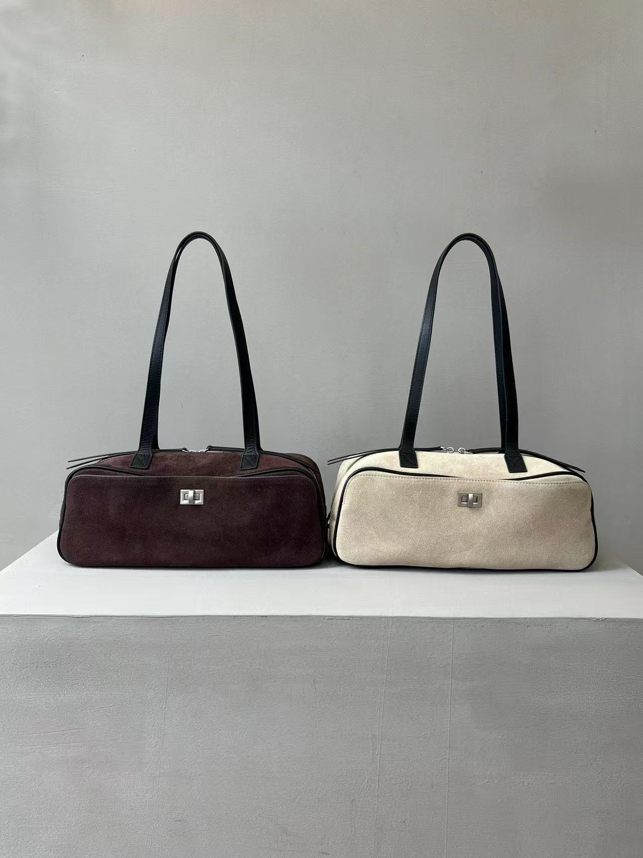 头层磨砂牛皮拼接牛皮保龄球枕头包吐司包腋下包托特包手提单肩包