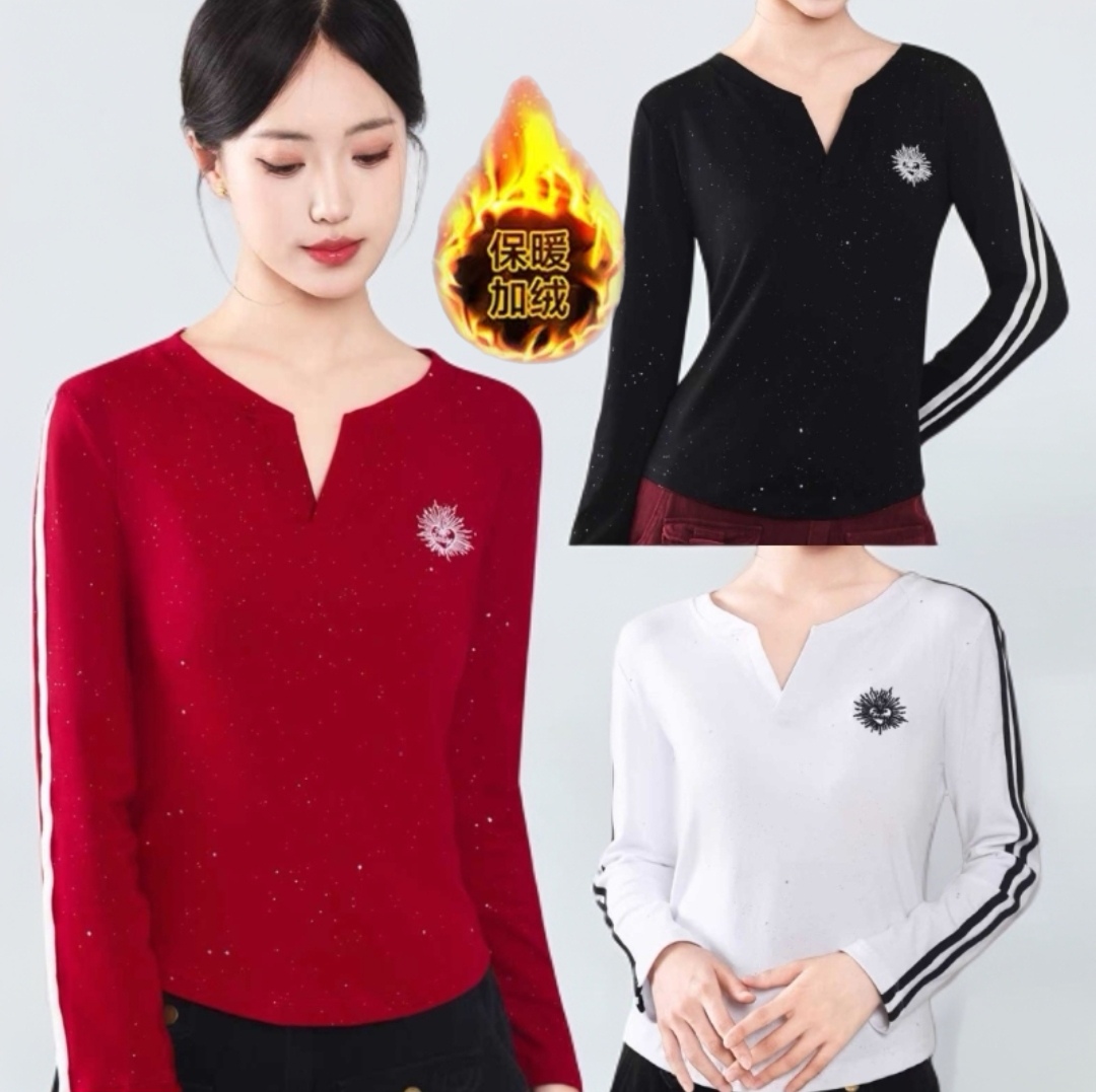 秋款太阳花刺绣V领双杠银闪加绒长袖T恤修身显瘦上衣【领口带包边】