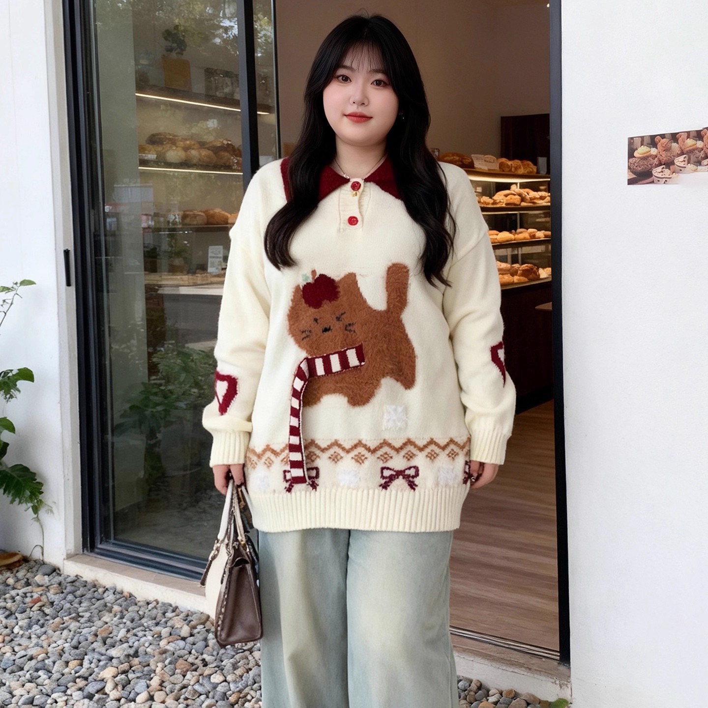 【运补】红色卡通提花针织衫毛衣女秋冬大码胖mm宽松Polo领上衣175#