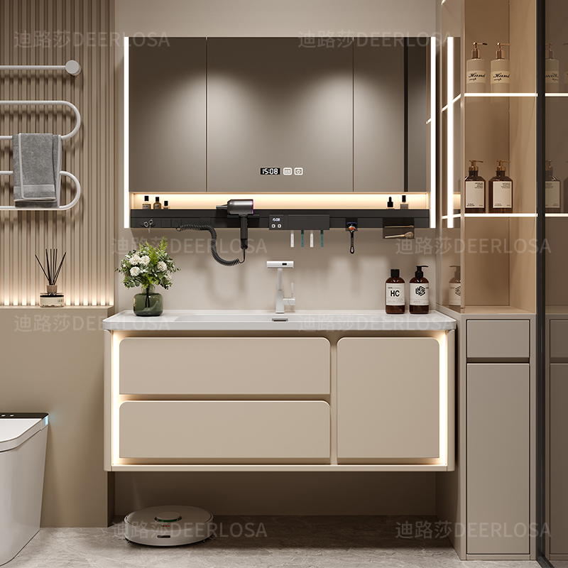 卫生间好物浴室柜组合陶瓷一体盆多层实木奶油风洗漱台洗脸盆柜