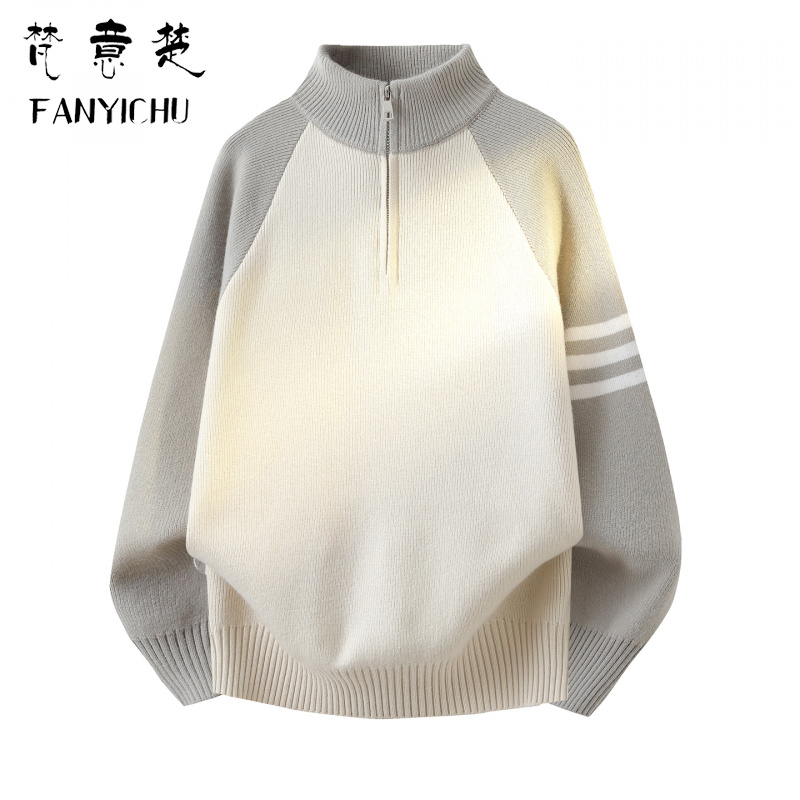 拼色插肩袖拉链半高领毛衣男款冬季韩版宽松tb针织外套运动休闲潮