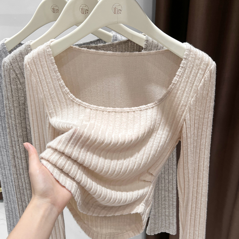 杏色坑条针织长袖T恤女爆款2025新款秋季方领修身内搭设计感上衣