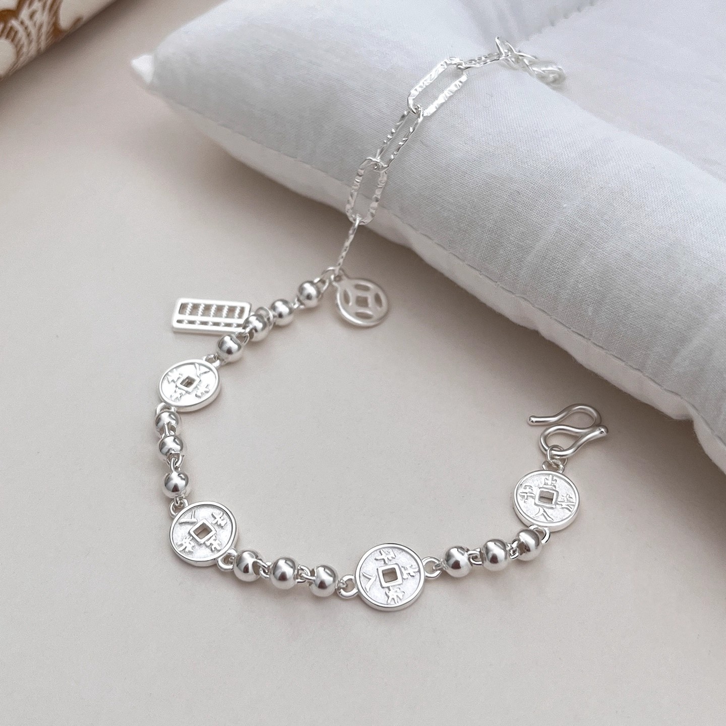 999足银算盘钱币手链纯银招财平安铜钱手串送女友生日礼物