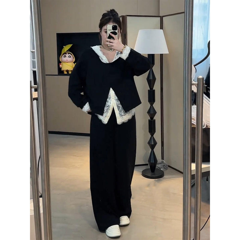 胖mm特大码300斤拼接蕾丝休闲卫衣套装女春秋季宽松显瘦三件套裤2
