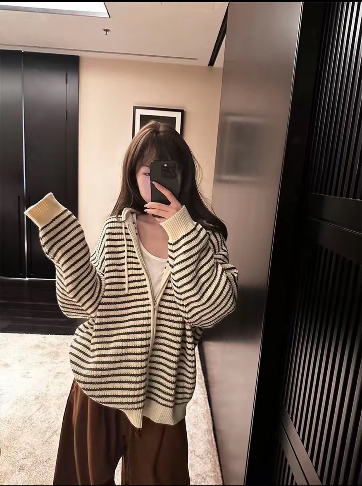 【原单高克重】抽绳连帽条纹针织开衫女秋季韩版宽松加厚毛衣外套女