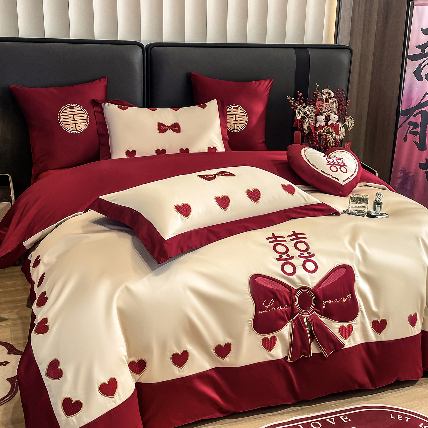 公主风结婚喜庆纯棉床品四件套婚庆新房布置红床单被套公主风套件