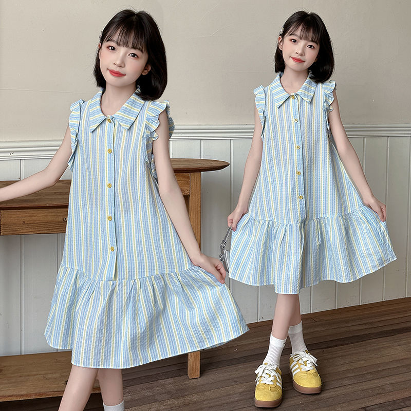 女童夏季无袖条纹学院连衣裙2025儿童新款裙子夏装洋气公主