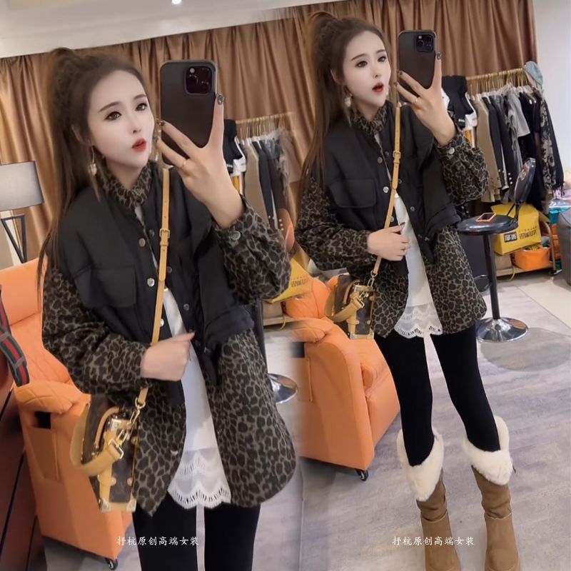 假两件棉衣女2025冬新款欧货洋气豹纹设计遮肉显瘦中长款加绒外套