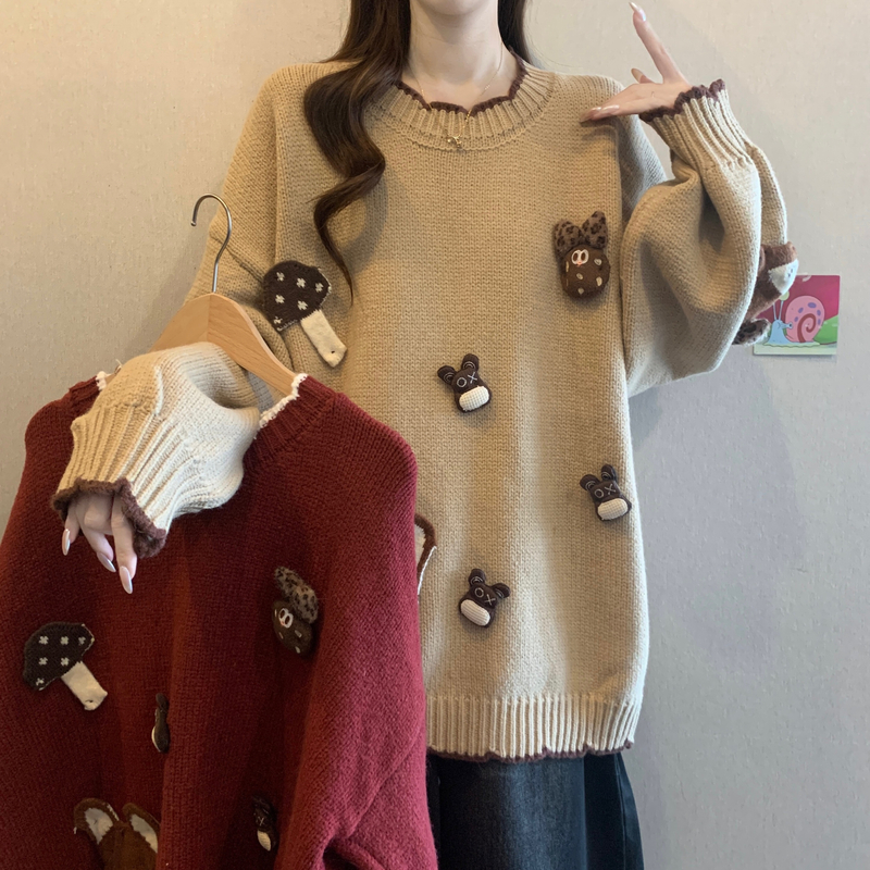 大码女装可爱小熊毛衣套头女秋冬宽松慵懒减龄设计感针织衫上衣