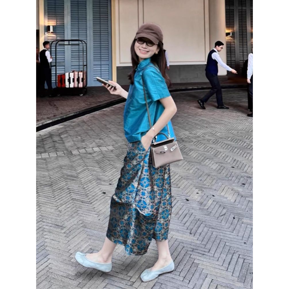 原版新中式绣花七分裤夏季新款复古国风蓝色盘扣衬衫大码两件套女