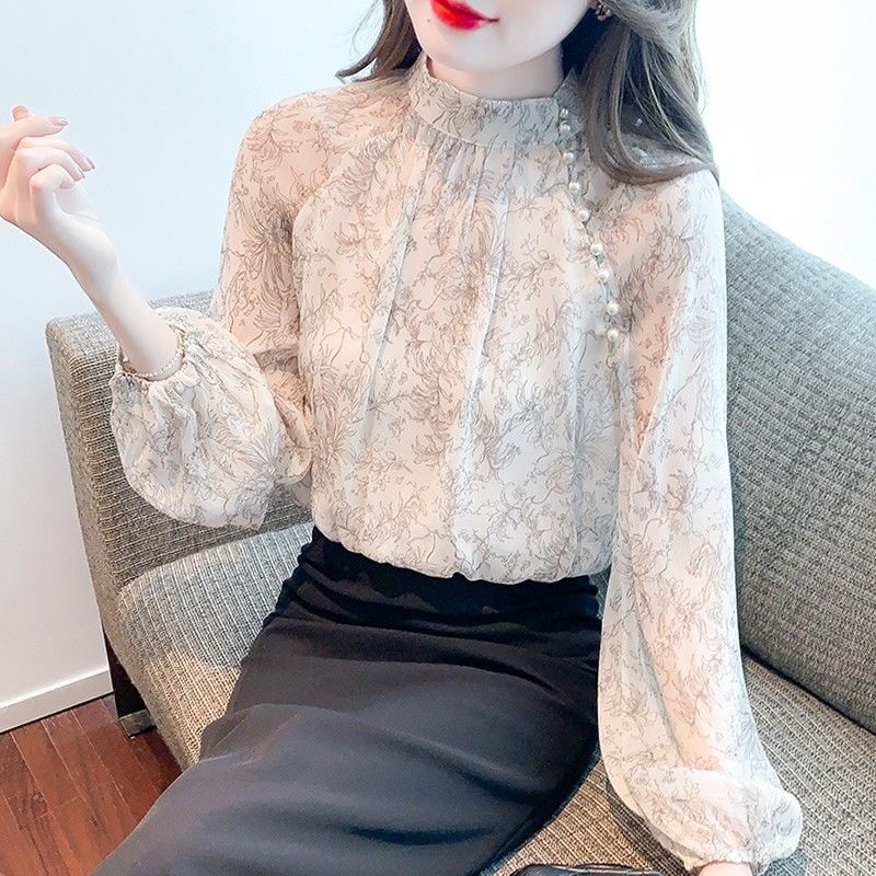 春装2025新款时尚印花雪纺衬衫女士钉珠上衣高档别致减龄小衫洋气