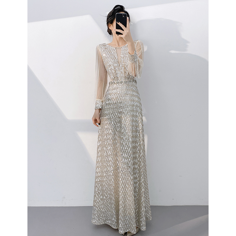 高端晚礼服女2025新款高级感宴会气质年会主持人爆闪玫瑰金连衣裙