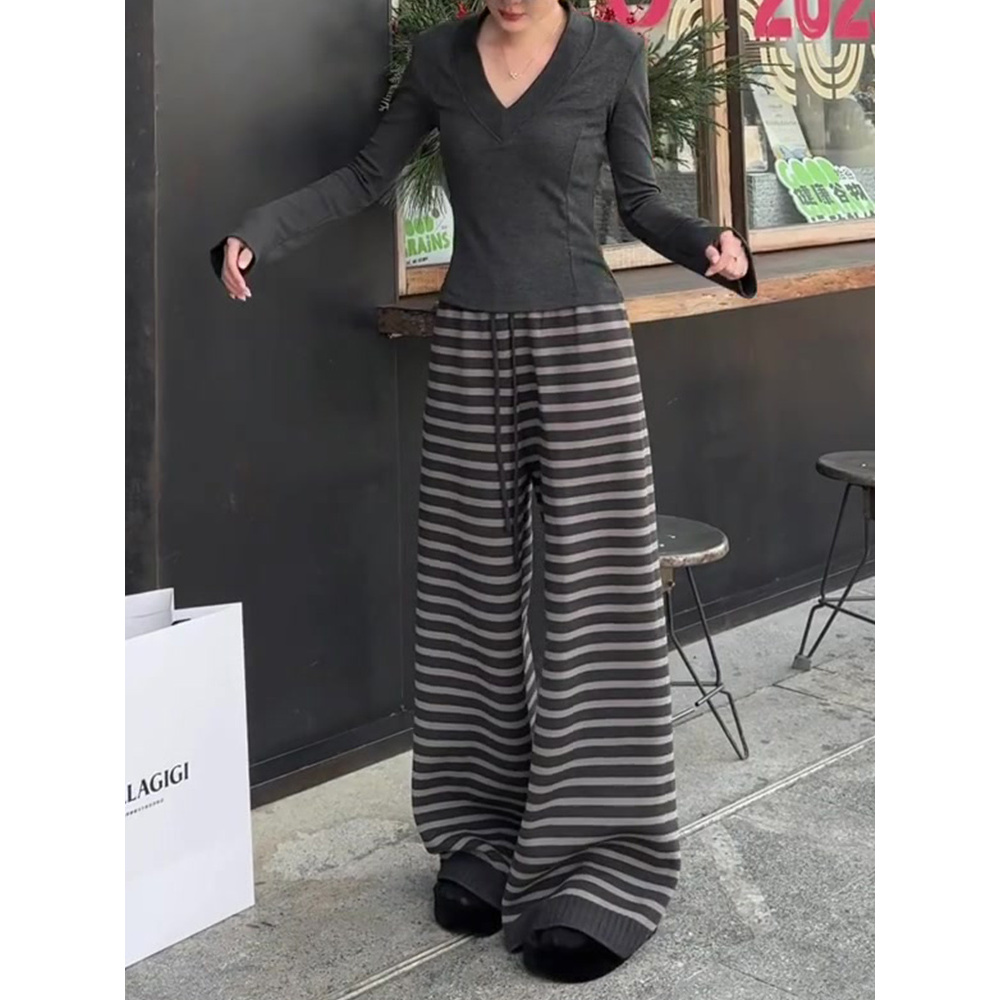 小个子黑灰色慵懒风针织休闲裤女秋冬百搭条纹阔腿裤高腰显瘦长裤