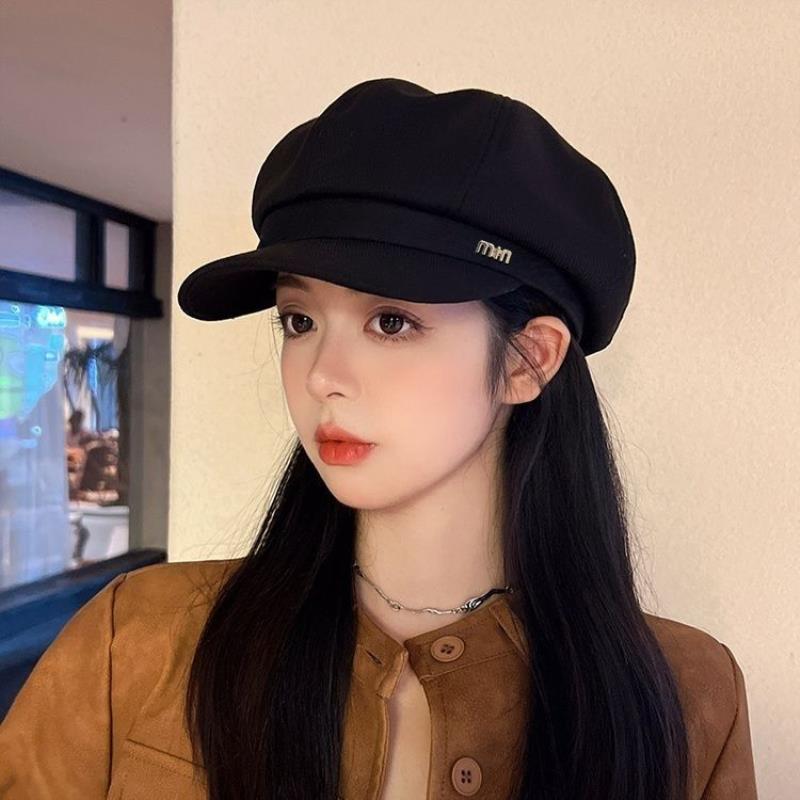 显脸小黑色八角帽子女韩版潮秋冬季英伦复古百搭画家帽鸭舌贝雷帽