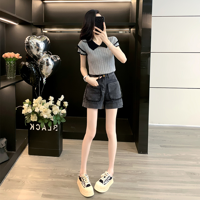 夏季新款翻领针织衫短袖潮牌做旧洗水牛仔短裤套装洋气减龄显瘦女