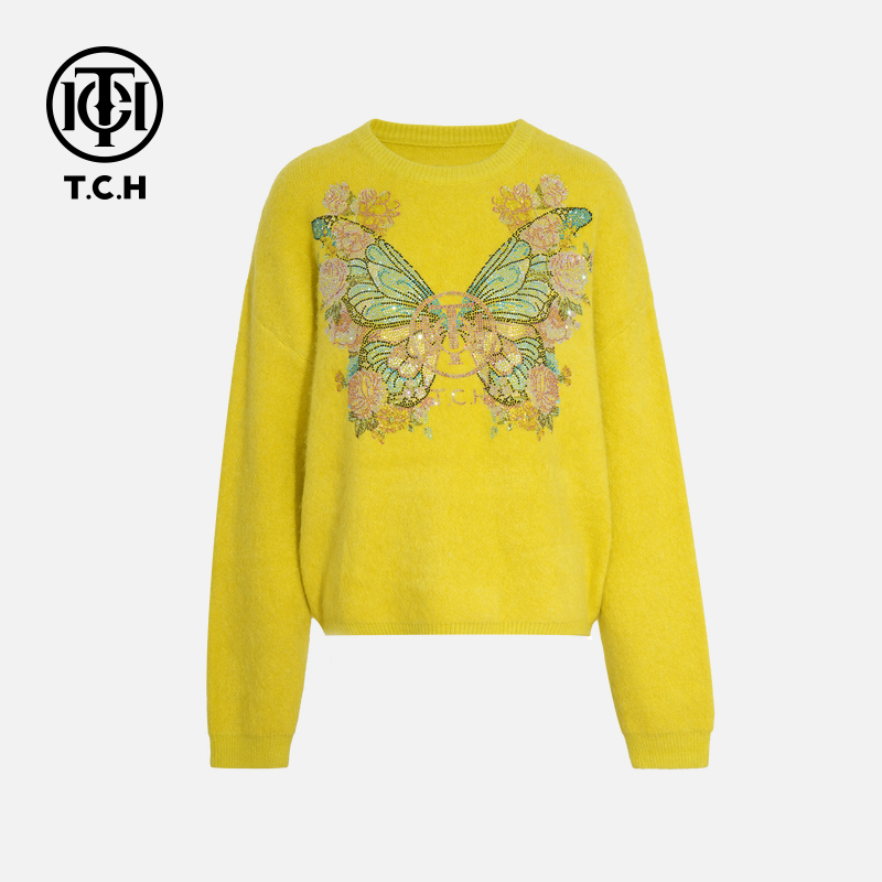 TCH（含兔毛）氛围感烫钻时尚黄色针织衫秋冬T75D09E1018轻奢tch
