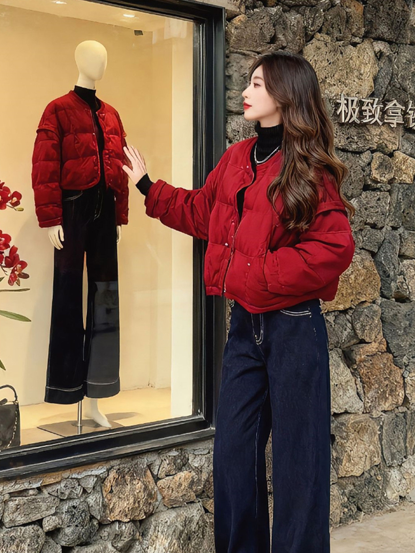 老钱风气质圆领加厚保暖棉服2025冬季新款小众通勤新年红棉衣外套