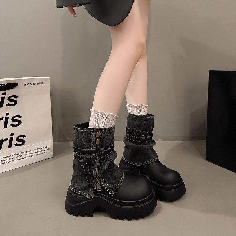 厚底大头马丁靴女款2025新款秋冬季小个子增高裤管靴堆堆牛仔短靴