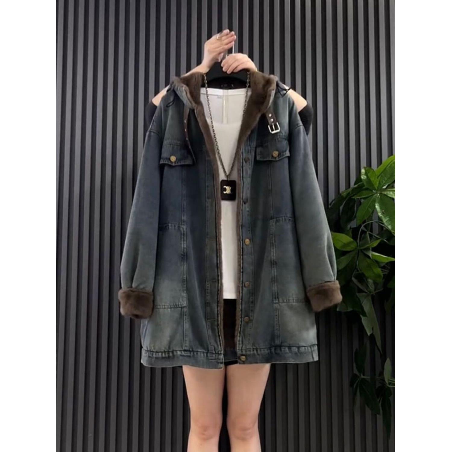 加绒加厚仿兔毛牛仔外套百搭女士中长款高级感秋冬季新款棉衣棉服
