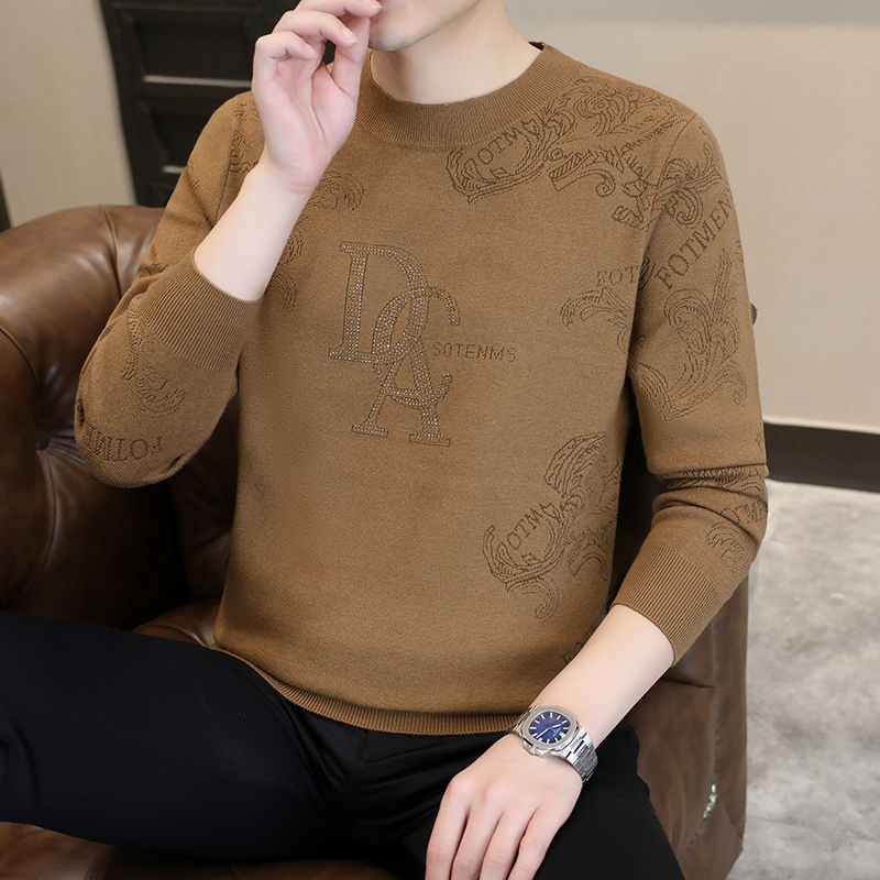 欧货烫钻毛衣男士秋冬新款时尚保暖打底衫百搭潮流帅男休闲打底衫