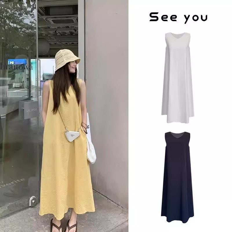 气质老钱风百搭透气白色无袖背心连衣裙女显瘦A字中长裙夏季