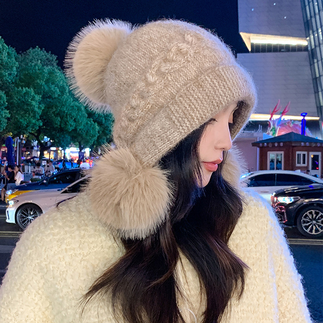 加绒兔毛针织帽子女秋冬季2025款保暖防寒风护耳包头毛线帽显脸小