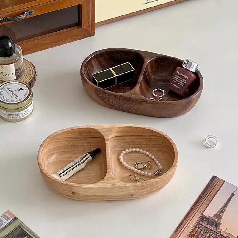 复古木质桌面整理收纳盒茶几零食坚果分格收纳盘首饰杂物置物盘