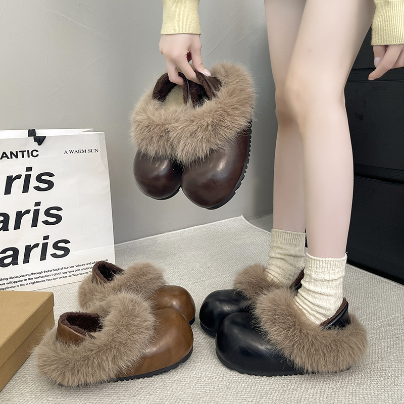 超火斯拉夫式毛毛加绒两穿棉鞋女冬季新款外穿保暖懒人一脚蹬棉鞋