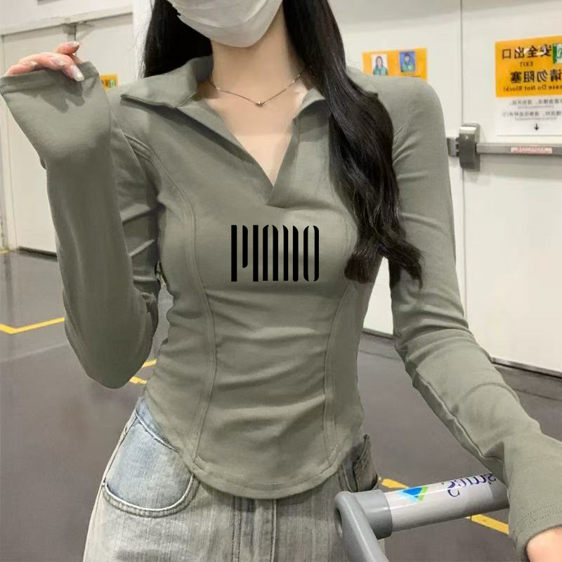 设计感修身正肩韩版V领polo鱼骨线条2025秋季长袖T恤女别致短上衣