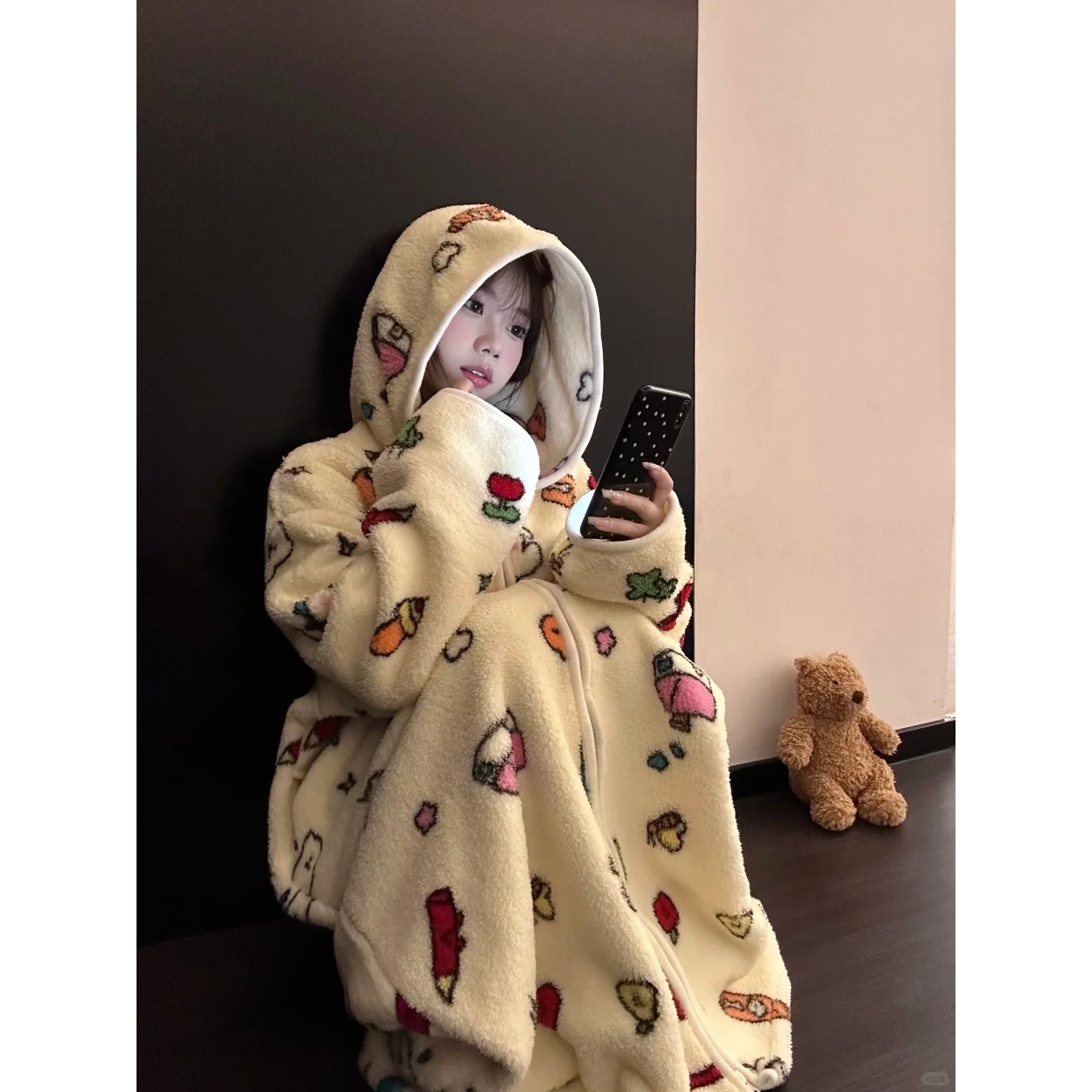 甜美可爱卡通连帽半边绒睡袍女冬季新款加厚保暖家居服套装可外穿