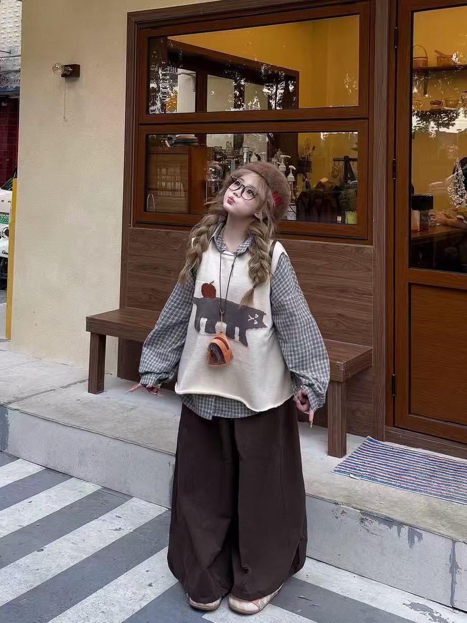 卡通图案宽松三件套百搭针织马甲格纹宽松衬衫复古休闲灯笼裤女秋