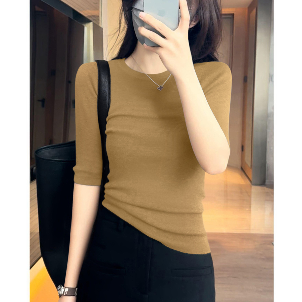 高级感洋气圆领百搭气质打底上衣女时尚秋季套头简约五分袖针织衫