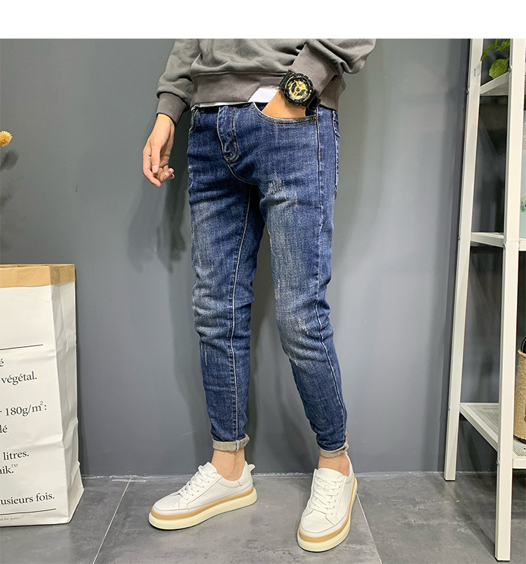 潮牌男牛仔裤九分裤蓝色休闲水洗韩版潮流秋冬弹力修身小脚长裤子