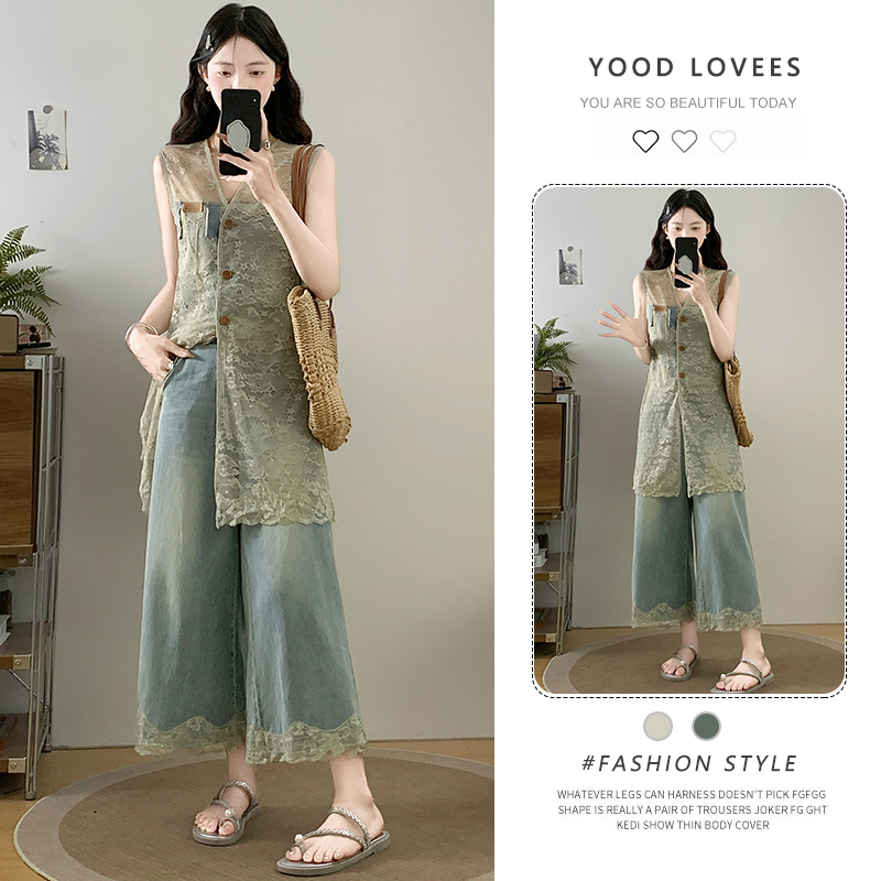 夏季穿搭一整套女2026新款蕾丝长款马甲罩衫搭配高腰阔腿裤两件套