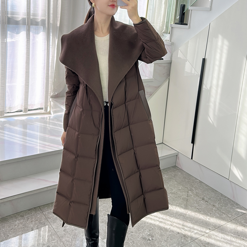 冬季新款高端大牌羊绒双面呢拼接白鹅绒羽绒服女长款腰带大衣外套