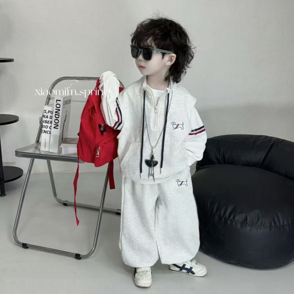 【三件套】2025新款儿童秋装马甲帅气休闲腊肠狗男女童卫衣套装