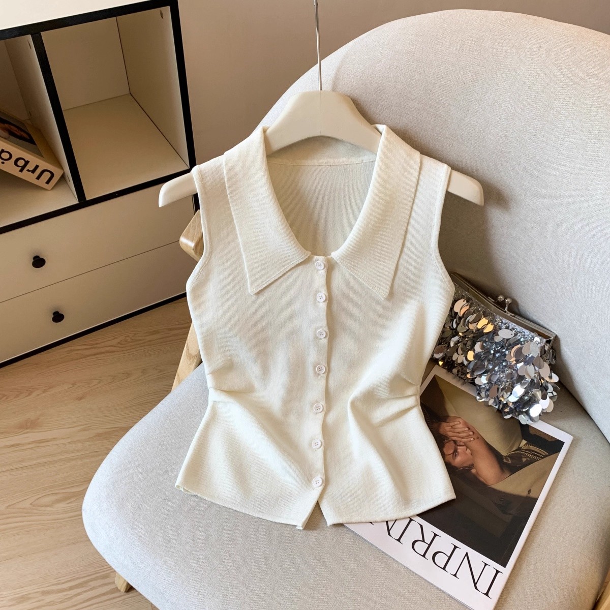 法式高级感无袖polo领针织背心女夏季洋气减龄修身显瘦褶皱短上衣