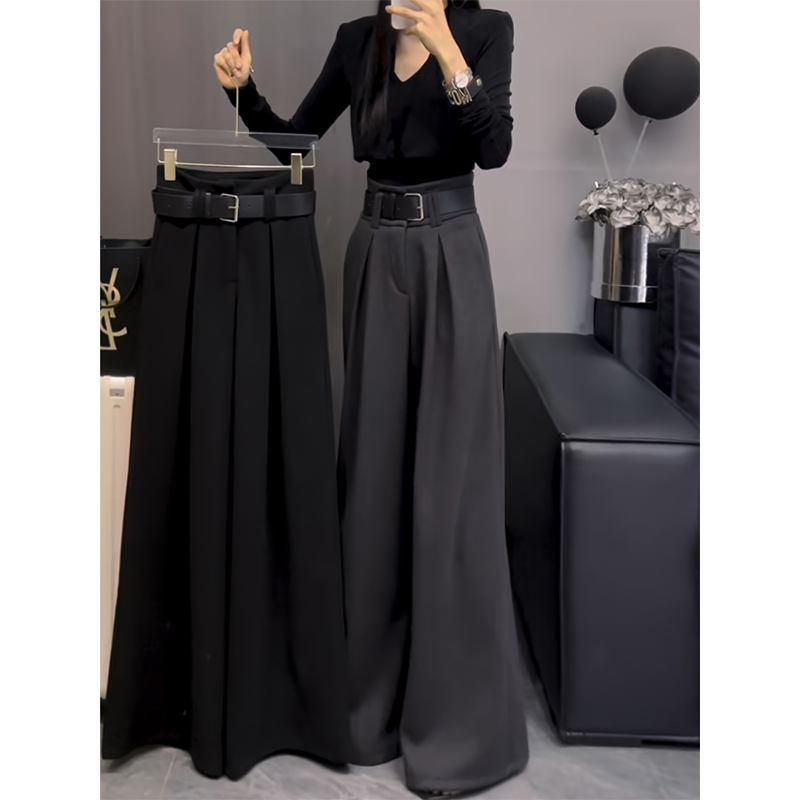 欧货新款2025流行女秋季垂感直筒裤小个子日常通勤高腰阔腿休闲裤