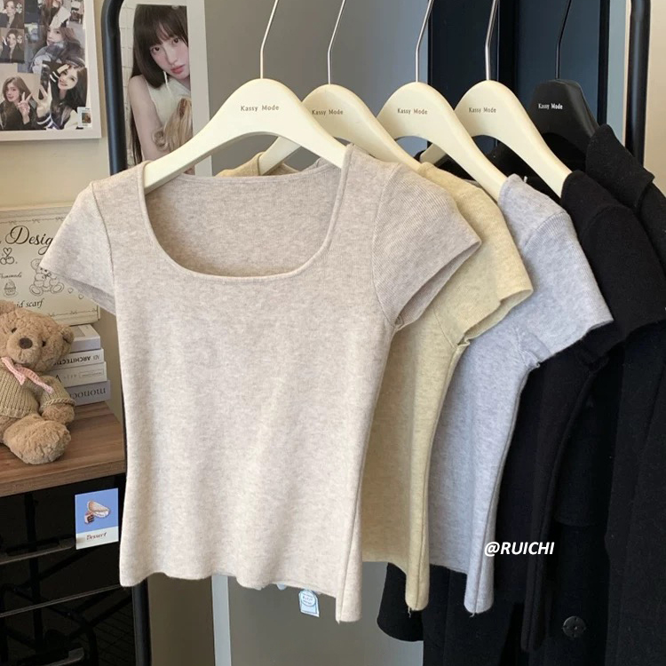 韩版休闲风~2025夏季新款欧若风方领打底衫针织上衣短袖