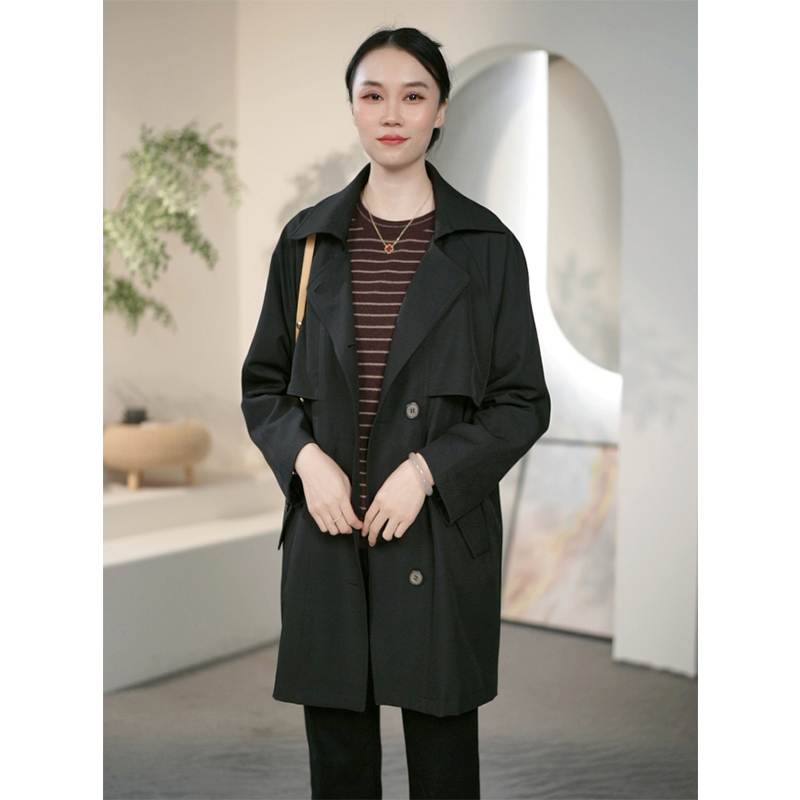 阿吉多黑色英伦风长袖风衣外套女秋季时尚休闲中长款大衣女A32619